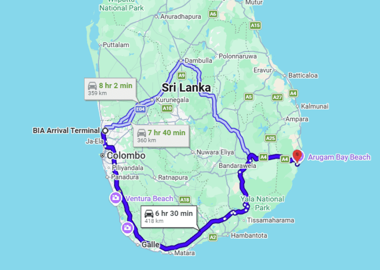 Colombo Airport to Arugam bay taxi route