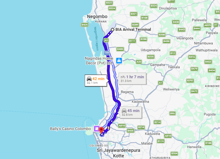 Colombo airport to Colombo taxi route