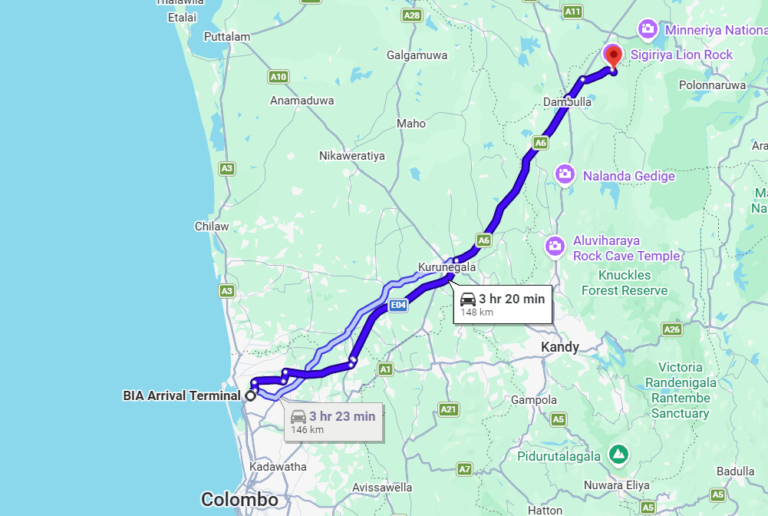 colombo airport to sigiriya taxi route map